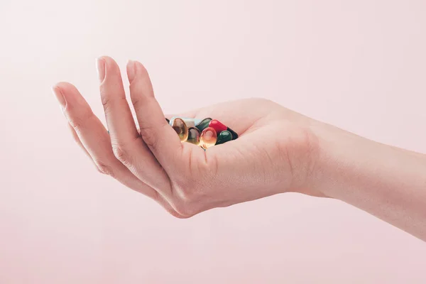 Частичное Представление Женщина Держащая Руке Изолированные Розовый Таблетки — стоковое фото